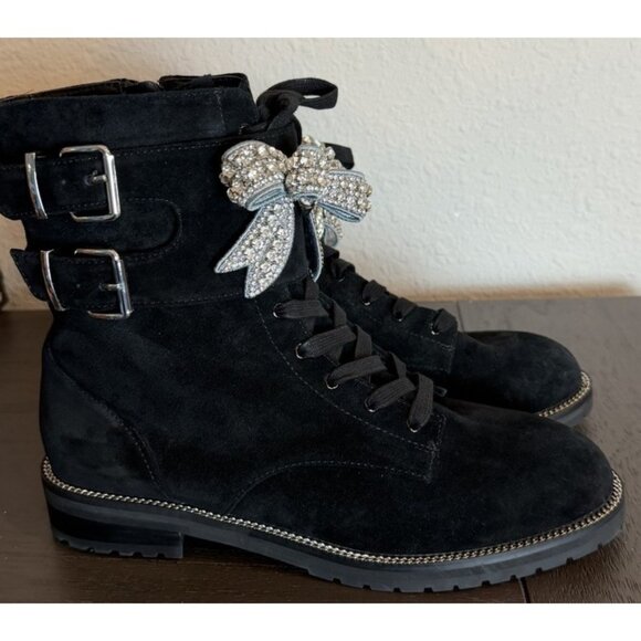 Kurt Geiger 40 / 9 Sutton Bow Rhinestone Embellished Suede Combat Boot Black - Picture 1 of 14